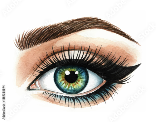 Detailed human eye with a vibrant green iris bold black winged eyeliner and a sculpted brown eyebrow