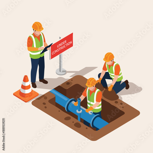 Professional construction workers in uniform repairing underground water pipes on a construction site, safe work practices.