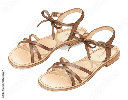 A pair of elegant brown strappy flat sandals with bows perfect for summer fashion watercolor illustration