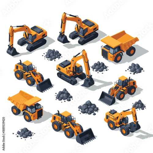 Set of isometric construction vehicles and mining equipment like excavators, loaders, and dump trucks with piles of rocks.