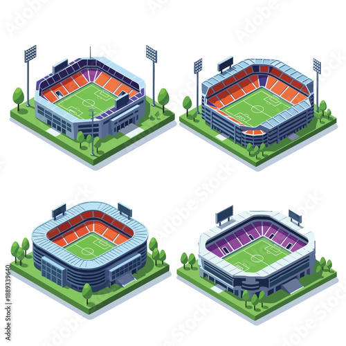 Set of Isometric Sports Stadiums Collection, Football Arenas for Sporting Events and Gaming Assets.