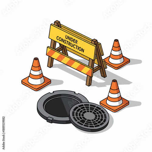Under Construction Site with Traffic Cones and Open Manhole Cover, Industrial Hazard Warning.