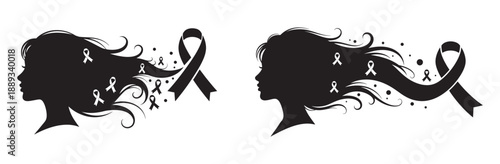 Black silhouette vector illustration of a woman’s profile with flowing hair adorned with awareness ribbons, representing strength, hope, beauty, and emotional healing. 