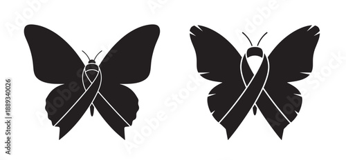 Black silhouette vector illustration of butterflies with awareness ribbons as body, symbolizing transformation, remembrance, hope, and emotional healing. 