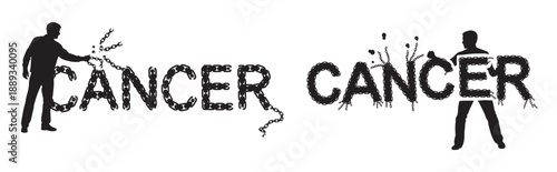 Black silhouette vector illustration of men breaking chain letters spelling “CANCER,” symbolizing strength, survival, awareness, and the fight against illness. 