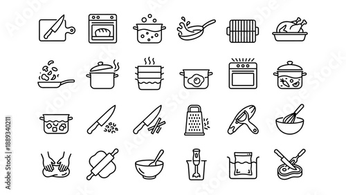 Comprehensive Collection of 24 Cooking Technique Icons in Minimal Monoline Outline Style; Includes Symbols for Chopping, Baking, Boiling, Frying, Grilling, Steaming, Whisking, and Kneading.