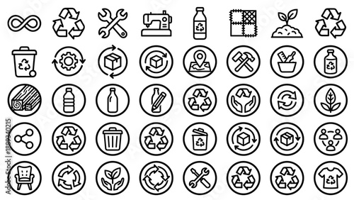 Comprehensive vector icon set of 40 circular economy and upcycling symbols in a bold outline style. Icons for recycling, sustainability, repair, reuse, and eco-friendly waste management concepts.