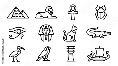 Set of 12 Minimalist Egyptian Mythology Line Icons Featuring Pyramids, Sphinx, Ankh, Scarab Beetle, Eye of Horus, Pharaoh Mask, Bastet Cat, Crocodile, Ibis, Falcon, Papyrus Pillar, and Ancient Boat