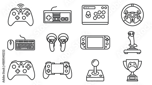 Set of 12 Minimalist Esports and Gaming Controller Line Icons Featuring Gamepads, Arcade Sticks, Steering Wheels, VR Controllers, Handheld Consoles, Joysticks, and Trophy in Uniform Stroke Style.