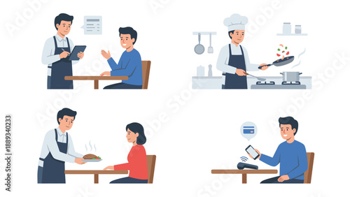 Flat vector illustration set showing restaurant service workflow: waiter taking order, professional chef cooking, serving hot meal to customer, and contactless mobile payment at the table.