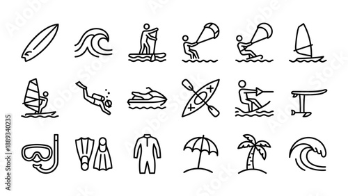 Set of 18 Minimalist Water Sports Line Icons Featuring Surfing, Windsurfing, Kitesurfing, Scuba Diving, Kayaking, Jet Ski, Paddleboarding, Hydrofoil, Snorkeling, and Beach Elements for Graphic Design.