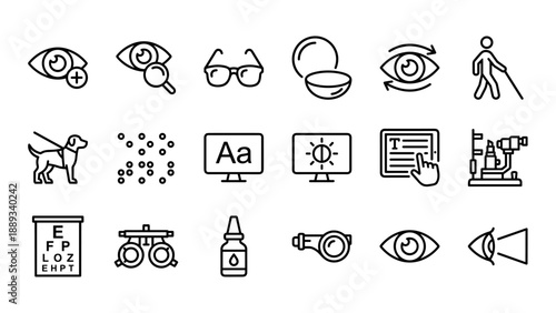 Set of 18 minimalist line icons for eye care and vision accessibility, featuring symbols for ophthalmology, optometry, blindness, guide dogs, Braille, glasses, and medical eye exam equipment.