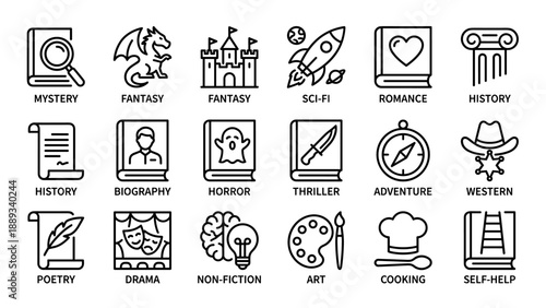 Set of 16 minimalist book genre line icons for library and bookstore categorization, featuring mystery, fantasy, sci-fi, romance, history, biography, horror, thriller, adventure, and cooking.