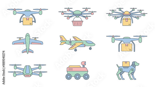 Set of Autonomous Delivery Drone Icons in Flat Design Style with Pastel Colors, Featuring Quadcopters, Hexacopters, Fixed-Wing Aircraft, Ground Rovers, and a Robotic Dog Carrying Packages.