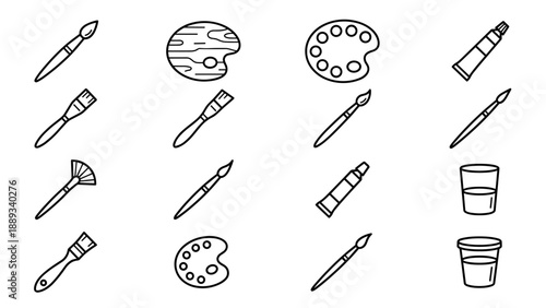 Minimalist Vector Icon Set of Art Supplies Featuring Various Paintbrushes, Palettes, Paint Tubes, and Water Cups in a Clean Line Art Style for Creative Projects, Education, and Graphic Design.
