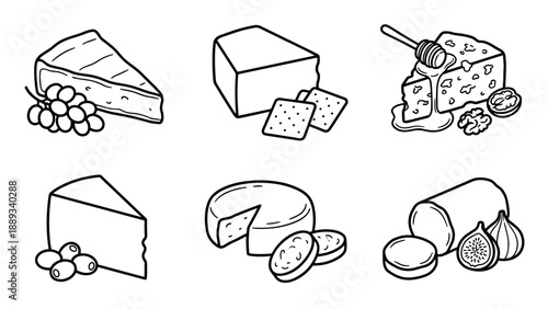 Vector icon set of cheese platter varieties featuring brie with grapes, cheddar with crackers, blue cheese with honey, parmesan with olives, gouda with salami, and goat cheese with fresh figs.