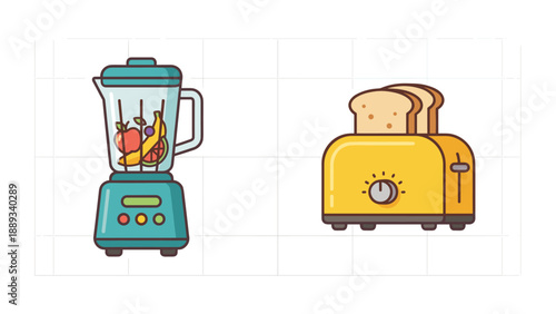 Modern flat vector icons of kitchen appliances featuring a teal electric blender filled with fresh fruit and a yellow bread toaster with toast slices, isolated on a white grid background.