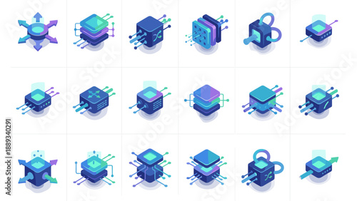 Isometric Vector Icon Set of Neural Network Nodes and Artificial Intelligence Data Processing Units. Modern 3D Digital Technology Symbols for Machine Learning, Deep Learning, and Big Data Analysis.