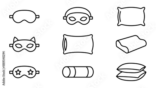 Minimalist Line Art Vector Icon Set Featuring Various Sleep Masks and Pillows for Bedroom Comfort, Relaxation, and Travel Wellness, Including Orthopedic, Bolster, and Decorative Designs.