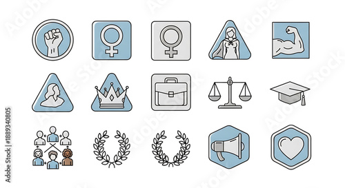 International womens day collection of various gender equality and human rights icons in blue and white colors
