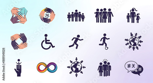 International womens day collection of various disability and accessibility icons on a colored background