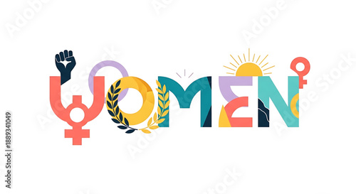 International womens day vibrant multicolored typographic design celebrating women empowerment and equality on with various symbols