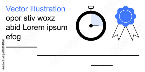 Time management, achievement, certification, recognition, organization, minimal design. A stopwatch beside a ribbon badge and placeholder text. Time management and achievement concept