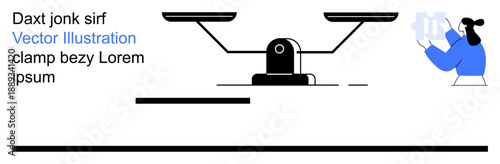 Legal systems, data analysis, problem-solving, justice, equality, decision-making. Image of a balanced scale and a person in blue holding documents or analyzing. Justice and data analysis concept