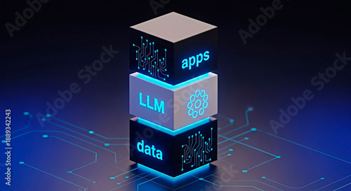 A stack of glowing cubes representing data apps and LLM technology