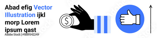 Finance, business growth, payment systems, consumer feedback, monetary exchange, digital transactions. Hand holding a coin, thumbs-up symbol in a circle. Finance and business growth concept