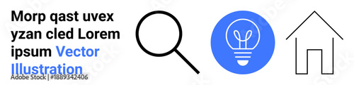 Innovation, discovery, housing, navigation, creativity, ideas. Magnifying glass, lightbulb symbol and house outline. Innovation and discovery concept for technology and solutions