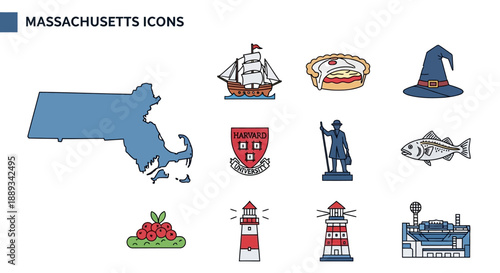 Massachusetts State Icons Explore the Rich Culture, History, and Landmarks of the Bay State with this Diverse Collection of Vector Graphics