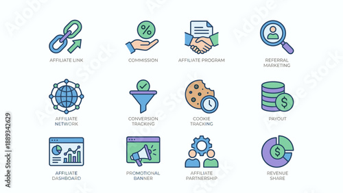 Set of 12 professional affiliate marketing flat line icons featuring affiliate link, commission, referral marketing, network, conversion tracking, cookie tracking, payout, and revenue share.