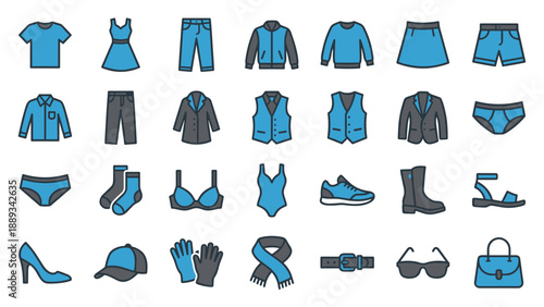 Vector Icon Set of 28 Fashion and Clothing Basics in a Consistent Duotone Flat Style. Includes Apparel, Footwear, and Accessories like T-shirts, Jeans, Jackets, Shoes, Sunglasses, and Handbags.