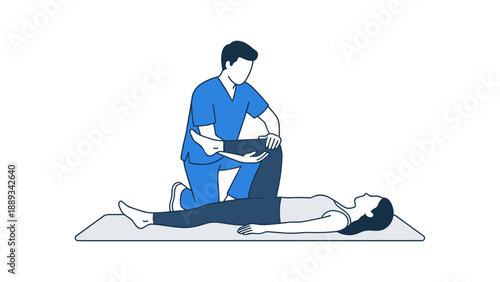 Physiotherapist in Blue Scrubs Performing Manual Therapy and Leg Stretching on Female Patient Lying on a Mat, Professional Physical Therapy Rehabilitation and Recovery Exercise Illustration