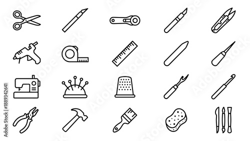 Comprehensive Vector Icon Set of 20 DIY Craft and Hobby Tools in Thin Line Style, Including Sewing, Woodworking, and Art Equipment for Creative Projects, Graphic Design, and Web Interfaces.