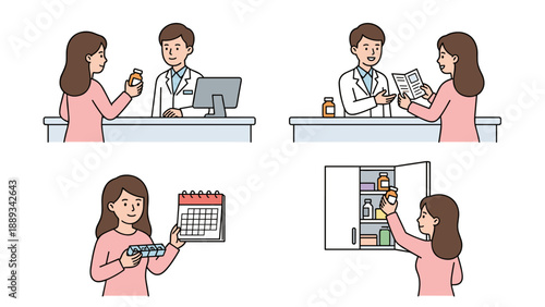Vector illustration set showing a woman at a pharmacy counter, receiving medical advice from a pharmacist, organizing pills with a calendar, and storing medicine bottles in a home cabinet.