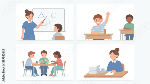 Set of Flat Vector Illustrations Showing Elementary School Scenes: Teacher Explaining Shapes on Whiteboard, Students Raising Hands in Class, Kids Playing with Blocks, and Teacher Grading Papers.