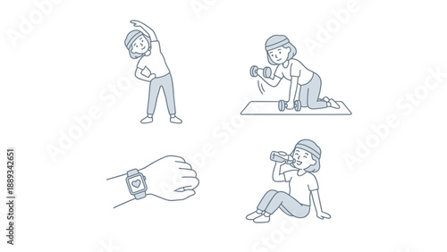 Set of four minimalist vector illustrations featuring a woman engaged in fitness activities: stretching, lifting dumbbells, monitoring heart rate on a smartwatch, and drinking water to hydrate.