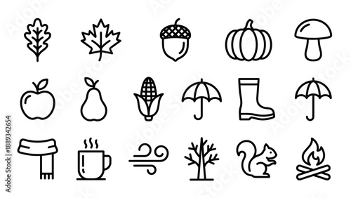 Minimalist Autumn and Fall Season Line Icons Collection Featuring Maple Leaf, Pumpkin, Acorn, Mushroom, Apple, Pear, Corn, Umbrella, Rain Boot, Scarf, Hot Mug, Wind, Tree, Squirrel, and Campfire.