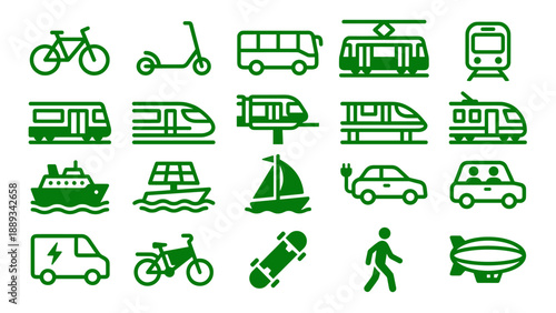 Green Transportation Icon Set Featuring Sustainable Mobility Symbols like Electric Cars, Bicycles, Public Transit, Trains, and Eco-Friendly Travel Modes in a Consistent Geometric Glyph Style.