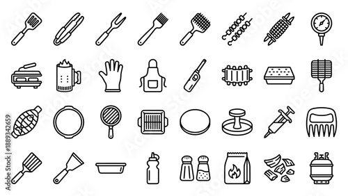 Set of 30 BBQ and Grilling Tool Icons in Clean Outline Style. Includes Spatula, Tongs, Skewers, Thermometer, Charcoal Starter, Apron, Meat Claws, Wood Chips, and Gas Tank for Barbecue Equipment.