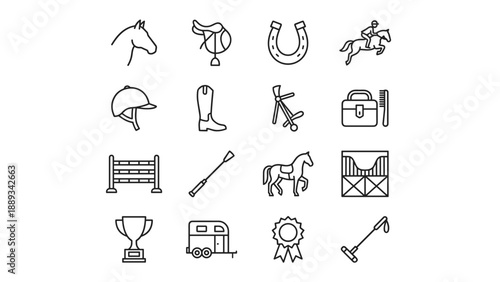 Equestrian and Horse Riding Line Icon Set Featuring Saddle, Horseshoe, Rider, Helmet, Boot, Bridle, Grooming Kit, Hurdle, Whip, Stable, Trophy, Trailer, Award Ribbon, and Polo Mallet Vector.