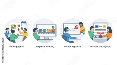 Set of 4 Vector Illustrations for DevOps Team Collaboration and Software Development Lifecycle: Planning Sprint, CI Pipeline Running, Monitoring Alerts, and Rollback Deployment Process Scenes.