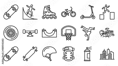 Set of 18 Minimalist Urban Sport and Skateboarding Line Icons Featuring Skateboard, Rollerblade, BMX Bike, Scooter, Parkour, Breakdance, Graffiti, Helmet, and Protective Gear in Vector Style