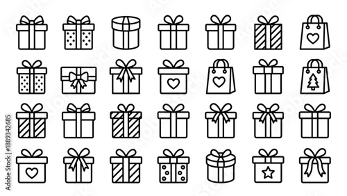 Minimalist Set of 28 Gift Box and Present Line Icons with Uniform Stroke. Vector Collection of Holiday, Birthday, and Celebration Packaging Symbols including Bags, Bows, Ribbons, and Patterns.