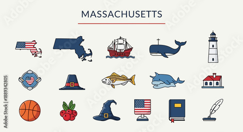 A vibrant collection of Massachusetts state symbols and historical icons, featuring landmarks, cultural elements, and natural heritage in a clear illustrative vector style