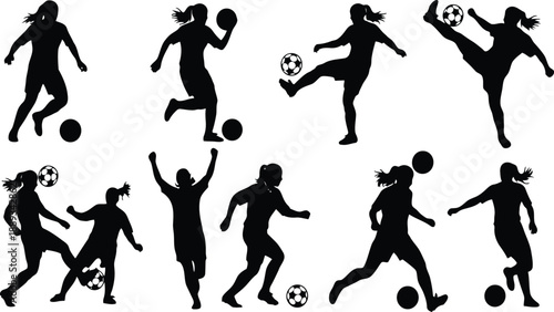 Women playing soccer silhouettes, collection of female athletes with ball, dynamic poses, sports action, black vector shapes on transparent background