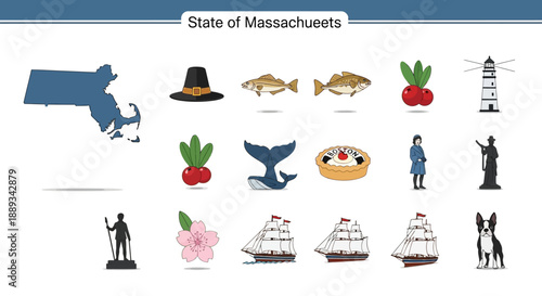 Collection of Massachusetts State Symbols and Icons representing the culture and heritage of the Bay State