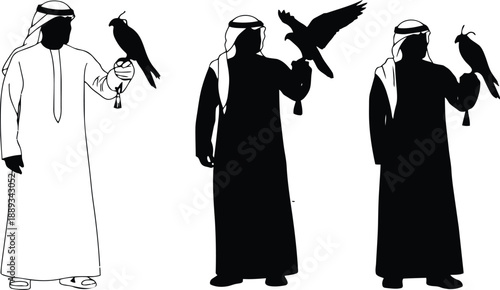 Collection of silhouettes and outline of men in traditional thobes and ghutras, holding falcons, representing Middle Eastern culture, falconry, heritage, and traditional attire, male figures